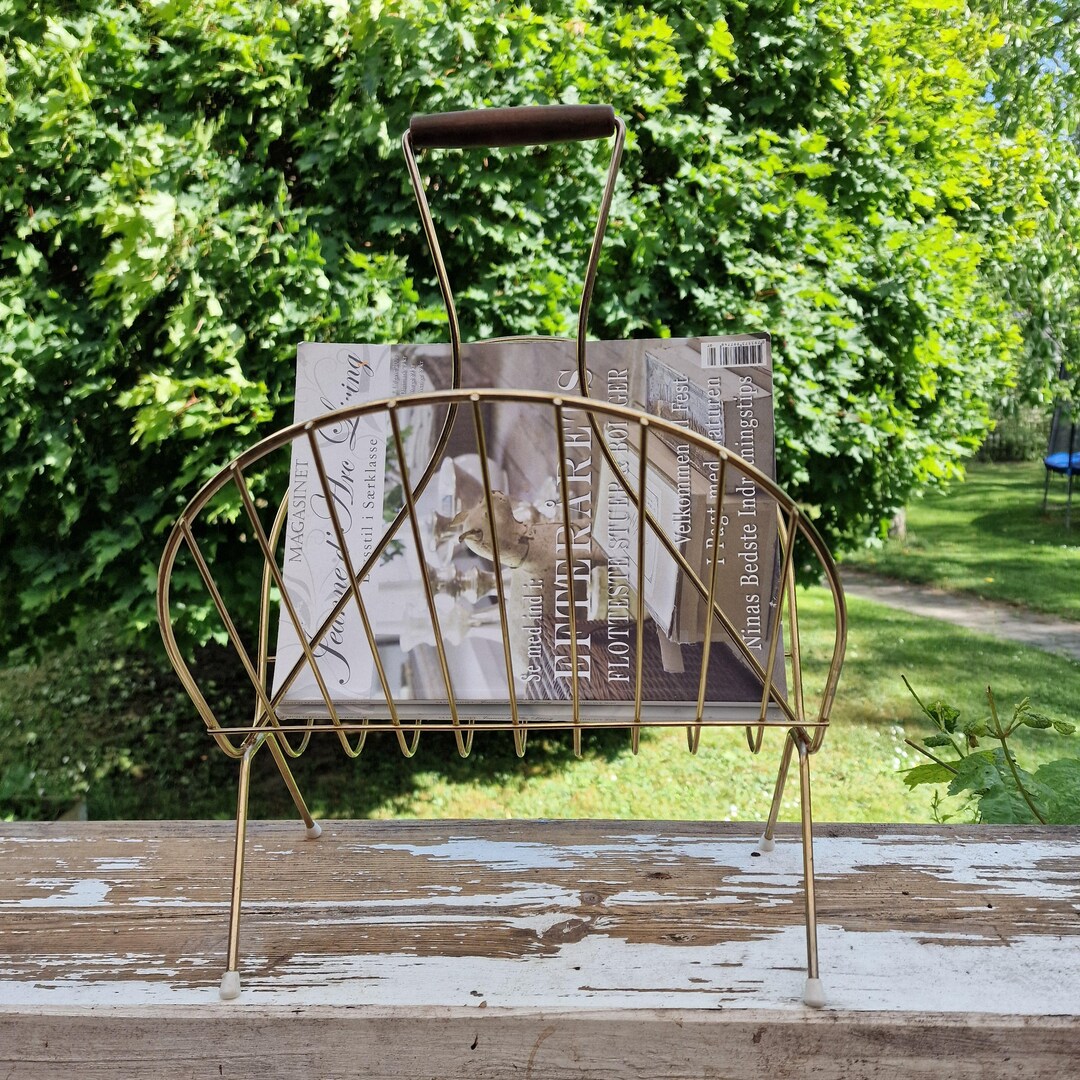 Vintage 1950s Brass Magazine Rack – Mid-century Modern Wire Design