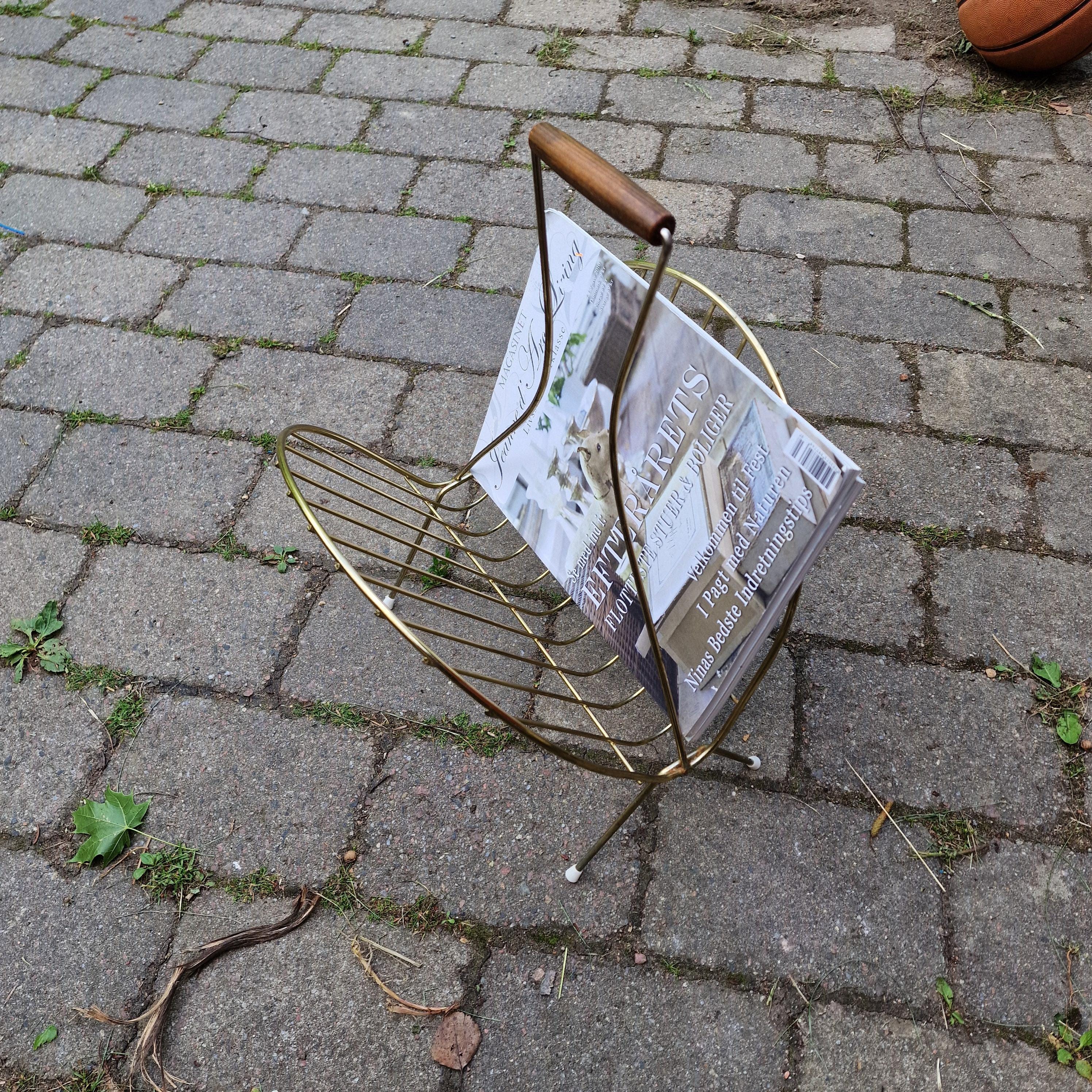 Vintage 1950s Brass Magazine Rack – Mid-century Modern Wire Design