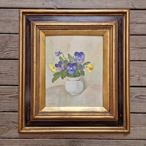 Vintage Oil Painting of Pansies by Arvid Öström – Framed Floral Still Life on Board