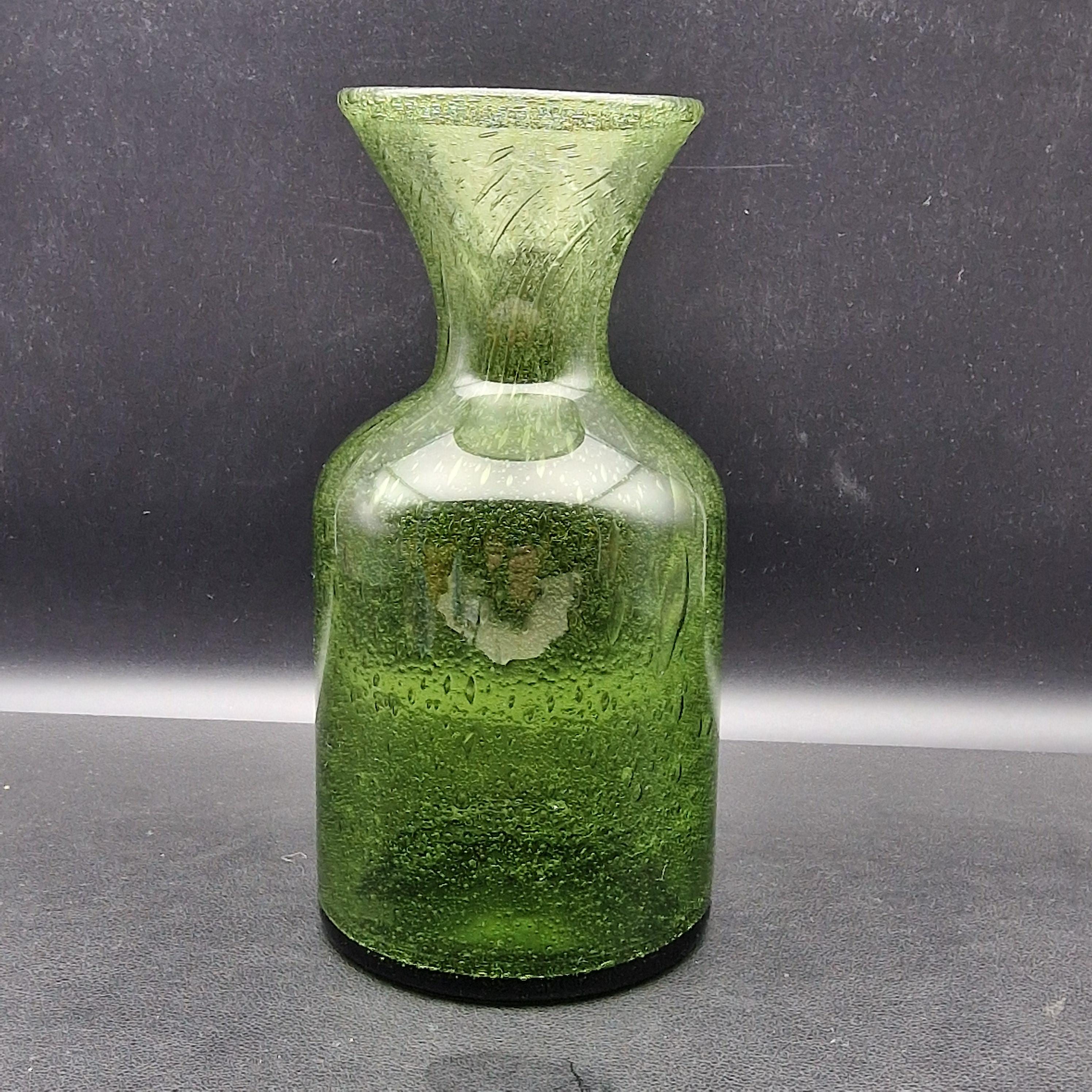 Erik Höglund Green Art Glass Vase, Boda Sweden, Hand Blown Bubble