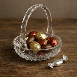 Vintage Swedish Cut Glass Bonbon Basket – Handblown Crystal Candy Dish with Handle, 1920s–30s Scandinavian Cut Glass