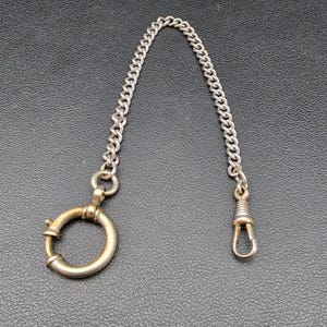 Antique Pocket Watch Chain with Dog Clip & Spring Ring – Chrome Plated, Edwardian Era