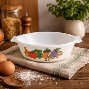 May include: White oval casserole dish with handles, decorated with a colorful vegetable pattern. The design includes illustrations of a tomato, green pepper, carrot, onion, and eggplant. The dish is set on a striped linen cloth.