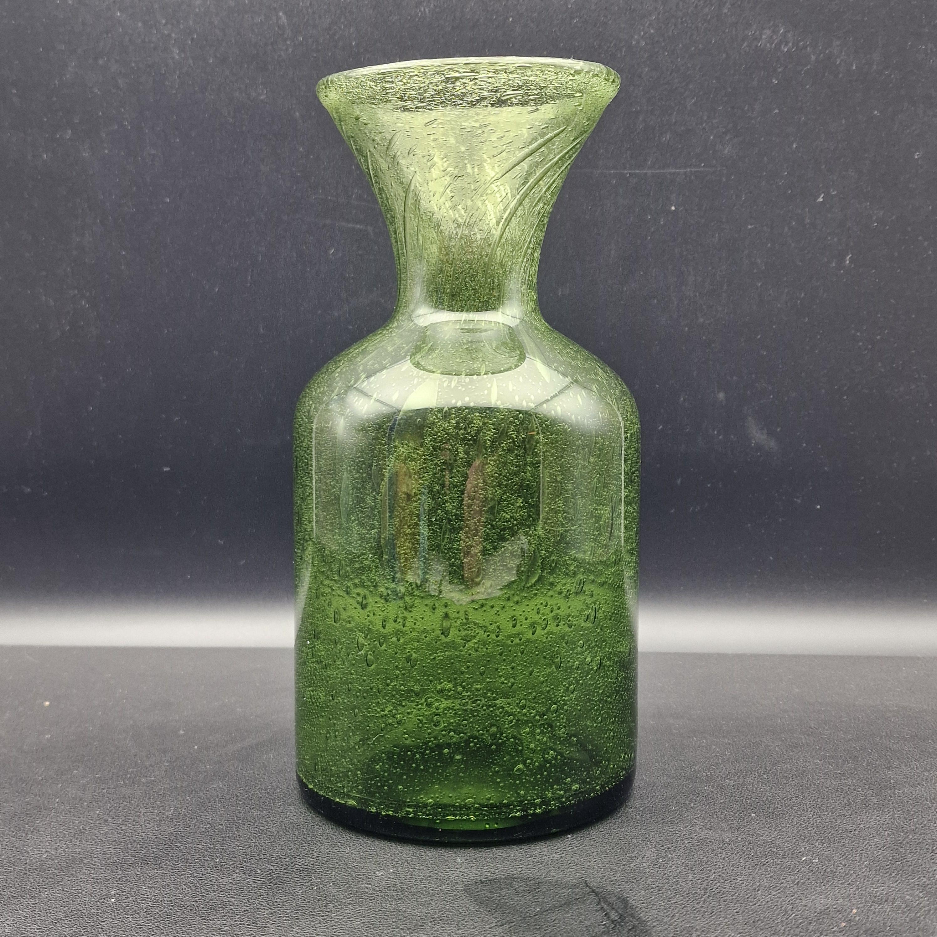 Erik Höglund Green Art Glass Vase, Boda Sweden, Hand Blown Bubble
