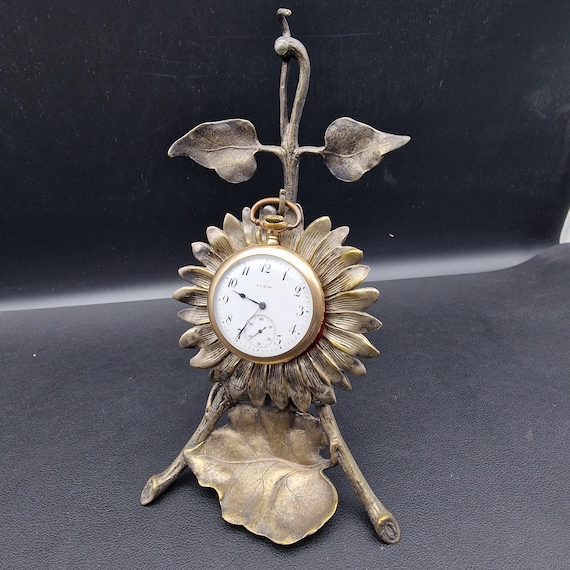 Antique Pocket Watch Stand, Art Nouveau Sunflower Design, Cast