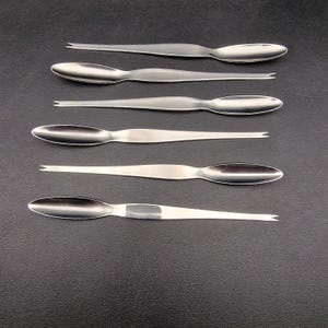 May include: Set of six silver-toned fish bone tweezers. The tweezers have a pointed end and a rounded, spoon-like end.
