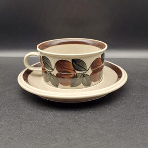 Puede incluir: Un juego de taza y platillo de té de color blanco y marrón con un patrón floral marrón y verde. La taza tiene una forma redondeada y un asa. El platillo tiene un borde ancho.