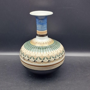Peut inclure: Un vase décoratif en céramique avec un corps rond et un col étroit. Le vase présente un bord blanc, un col bleu et un corps orné de motifs verts, bruns et crème. La base est sombre.