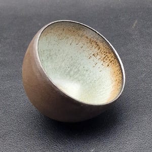 May include: A small, ceramic bowl with a unique, asymmetrical shape. The exterior is a matte brown, while the interior features a gradient of pale green and brown tones. The rim has a silver metallic finish. The bowl is likely used for serving small portions.