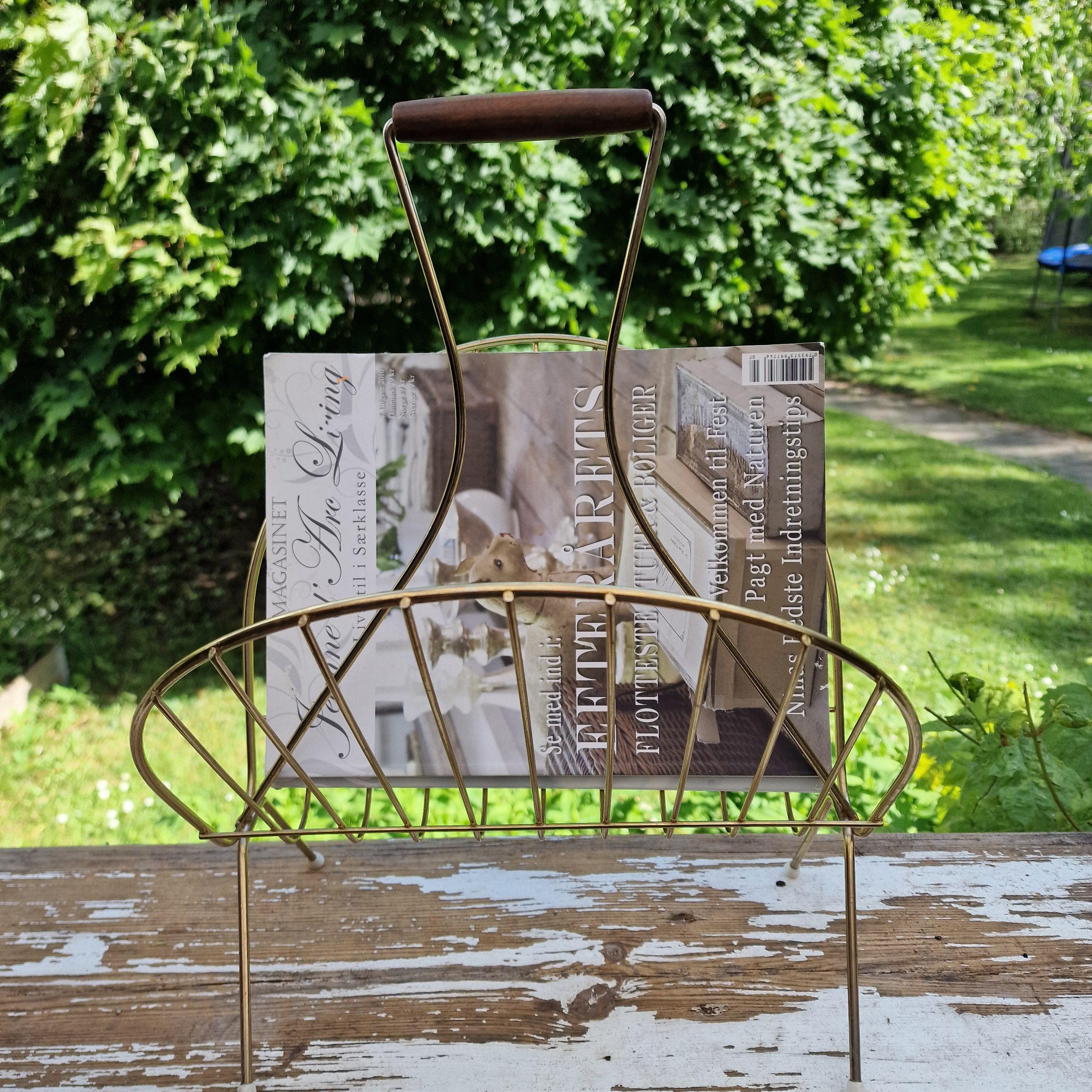 Vintage 1950s Brass Magazine Rack – Mid-century Modern Wire Design