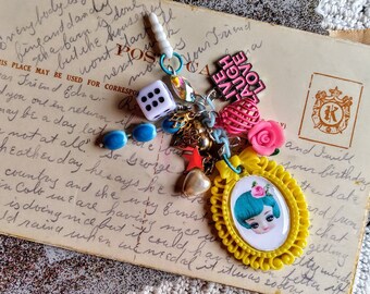 Eclectic Blue Haired Doll Face Phone Charm / Mixed Charms / Planner Charm / Kawaii Phone Charm / Pop Kei / Kitschy / Dust Plug