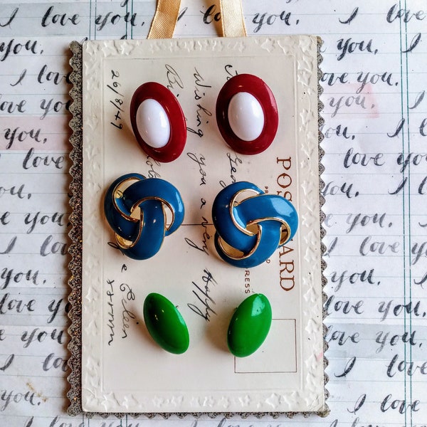 1980s Stud Post Earrings Pairs Set of 3 / Vintage Stud Earrings / Retro Mod / Colorful Earrings / Costume Jewelry Lot / Destash Earrings