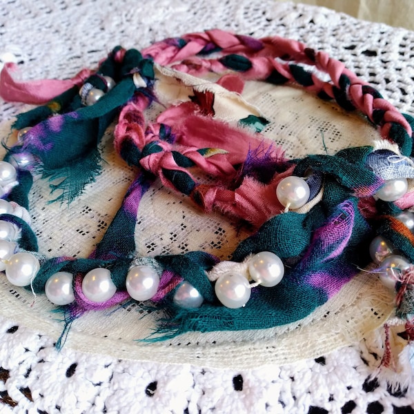 Braided Tattered Fabric and Pink Silk with Fused Beaded Faux Pearls Necklace / Fiber Jewelry /Wearable Art / Necklace Scarf / Shabby Chic