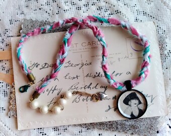 Braided Silk Pink Blue White Ribbon Necklace with Flapper Girl Bezel Pendant / Homespun Frippery Jewelry / Mix Media Jewelry / Shabby Chic