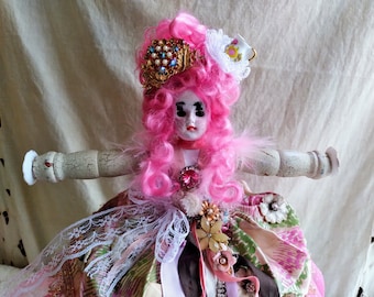OOAK Functional Art Pink Haired Doll / Jewelry Stand / Tea Party Doll / Parisian-Inspired / Romancecore / Assemblage Doll / Jewelry Holder