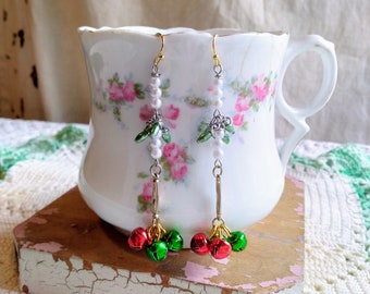 Christmas Green Red Jingle Bell Earrings / Holiday Party Earrings / Long Dangle Earrings / Christmas Jewelry / Homespun Earrings
