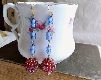Berry Beaded Stamanet Long Earrings / Cottagecore/ Shabby Chic / Homespun Earrings / Bespoke Earrings / Drop Dangle Earrings / Blue Earrings