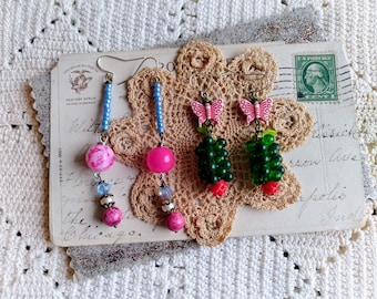 Mismatch Butterfly Beaded Dangle Earring Set of Two / Fairy Kei / Cottagecore / Homespun Earrings / Repurposed Beads / Colorful Earrings