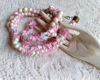 Braided Fabric Faux Pearls Beaded Pink Yarn Necklace / Beach Necklace / Shabby Chic / Fiber Art Jewelry / Assemblage / OOAK Wearable Art