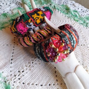 Homespun Mismatch Fabric Wrap Boho Tattered Bangles Set of Three