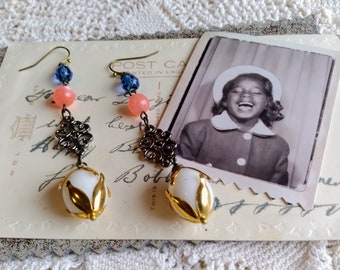Homespun Long Drop Dangle Earrings / Flower Bead Caps / Orange Blue Beads / Shabby Chic / Repurposed Beads / Spring Earrings / Assemblage