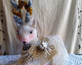 Christmas Decorated Embellished White Deer / Shabby Chic Romantic / Seasonal Decor / Christmas Centerpiece / Craft Foam Sisal Reindeer