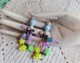 Pastel Star Dangle Beaded Earrings / Kawaii Earrings / Sweet Lolita / Colorful Earrings / Fairy kei / Homespun Earrings / Repurposed Beads