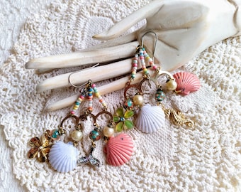 Mismatch Seashell Beach Chandelier Earrings / Seahorse, Mermaid Tail, Flowers, / Coastal Earrings / Long Statement Earrings / Wearable Art