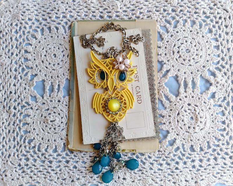 Oversized Yellow Owl Pendant Assemblage Necklace: Boho, Cottagecore, Bird Festival Jewelry, OOAK, Sp