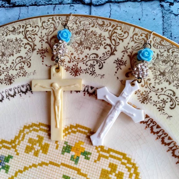 Mismatch Cross Crucifix Earrings / Repurposed Rosary Cross Earrings / Blue Rose Beads / Shabby Chic / Religious Earrings / Jesus Earrings