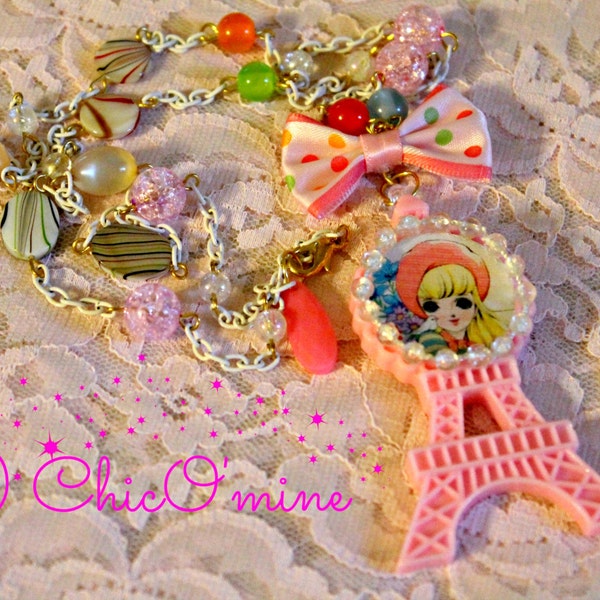 Retro Vintage Anime Girl with Bird Cameo Frame Necklace: Paris/Eiffel Tower Inspired- Fairy Kei, Sweet Lolita, Kawaii