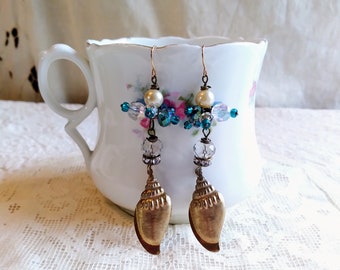 Conch Shell Metal Charm Beaded Earrings / Seashell Earrings / Beaded Blue Earrings / Beach Earrings / Coastal Earrings / Mermaid Earrings