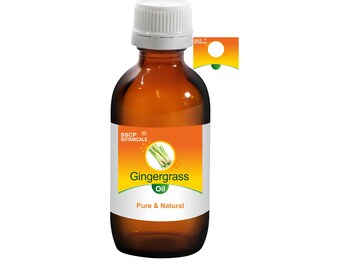 May include: A brown glass bottle with a white cap, containing lemongrass oil. The label is orange and yellow with the text "SSCP Botanicals", "Lemongrass Oil", and "Pure & Natural".