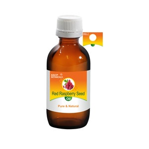 Puede incluir: Una botella de vidrio marrón con una tapa blanca, que contiene aceite de semilla de frambuesa roja. La etiqueta es naranja y blanca con el texto "SSCP Botanicals Aceite de semilla de frambuesa roja Puro & Natural".