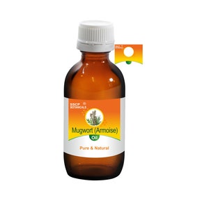 May include: A brown glass bottle with a white cap, labeled "SSCP Botanicals Mugwort (Armoise) Oil Pure & Natural".