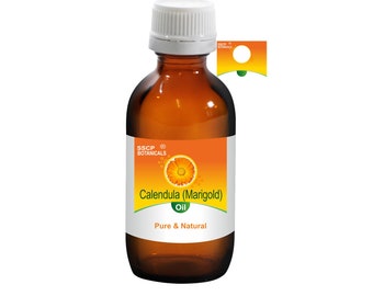 May include: A brown glass bottle with a white cap, containing Calendula (Marigold) Oil. The label is orange and features a marigold flower. The text on the label reads "SSCP Botanicals Calendula (Marigold) Oil Pure & Natural".