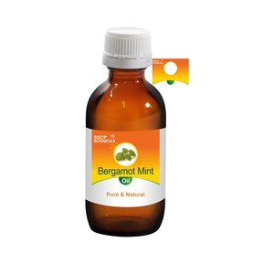 May include: A brown glass bottle with a white cap, labelled "Bergamot Mint Oil, Pure & Natural" with a green leaf image. The label is orange and white with the text "SSCP Botanicals" at the top.