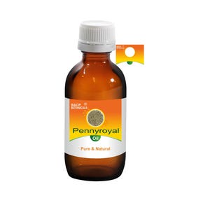 May include: A brown glass bottle with a white cap and a white and orange label. The label reads "Pennyroyal Oil" and "Pure & Natural". The bottle contains a liquid and is labeled with the brand "SSCP Botanicals".