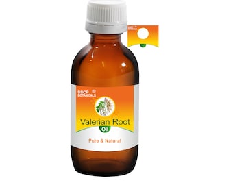 Könnte beinhalten: Eine braune Glasflasche mit weißem Verschluss, beschriftet mit "Valerian Root Oil". Das Etikett zeigt Pflanzenillustrationen und die Worte "Pure & Natural". Die Flasche ist mit einer goldenen Flüssigkeit gefüllt.