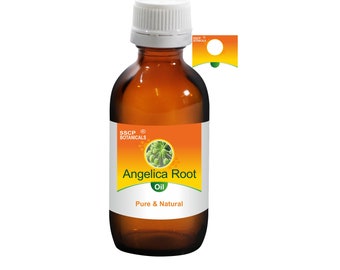 Könnte beinhalten: Eine braune Glasflasche mit weißem Verschluss, die Angelikawurzelöl enthält. Das Etikett trägt den Text "Angelica Root Oil" und "Pure & Natural" mit einer grünen botanischen Illustration. Die Flasche ist mit "SSCP BOTANICALS" beschriftet.
