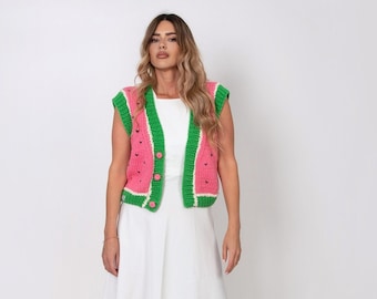 Gilet de pastèque rose avec boutons roses, en coton en rose, vert et en collors blancs