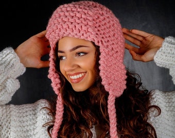 Chunky Knit Trapper Hat - Pink Aviator Pilot Hat - Shearling Trapper hat