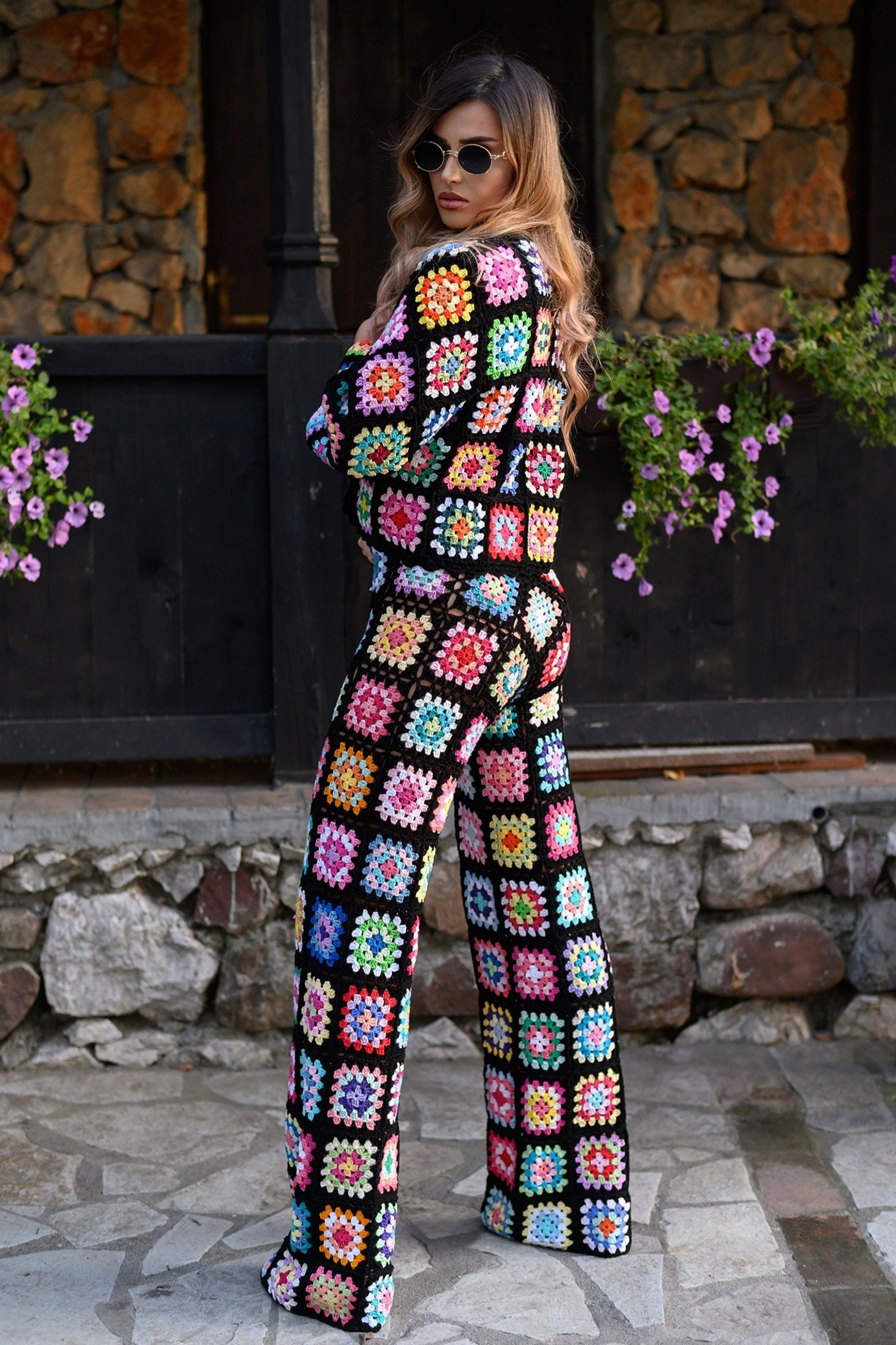 パンツ MAISON SPECIAL/Crochet Flower Knit Pants Crochet Black Floral Pants With Tie, Knit Daisy Pants, Wide