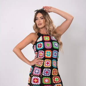 Black Granny Square Crochet Dress Open Back Dress - Etsy