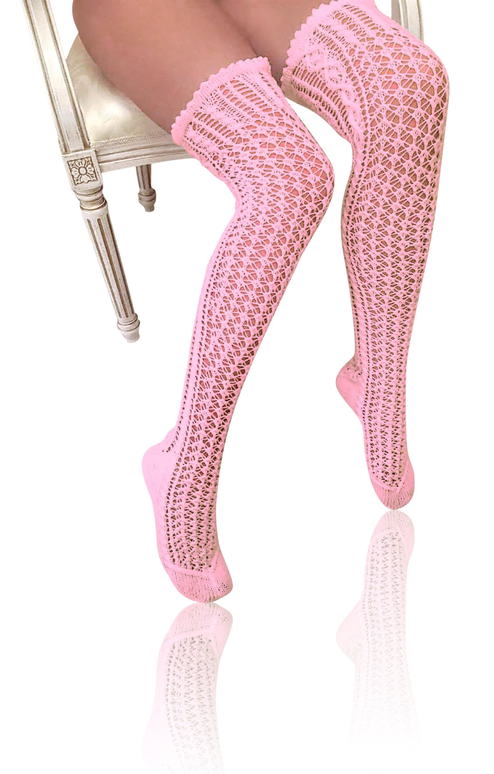 Hand Knitted Lacy White Thigh High Socks Lace Long Socks Etsy