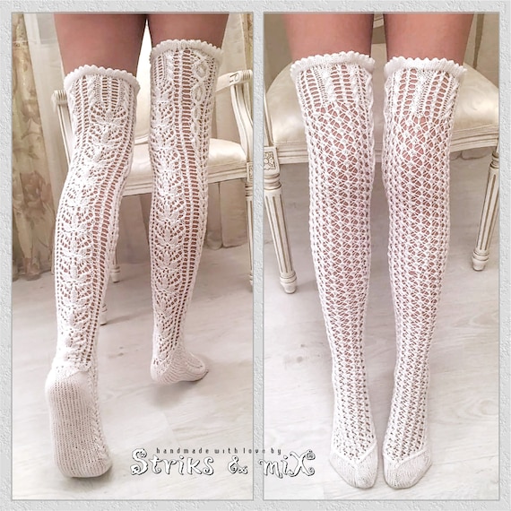 Hand Knitted Lacy White Thigh High Socks Lace Long Socks Bridal
