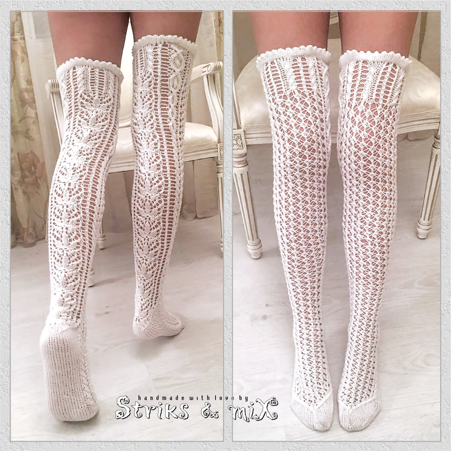Hand Knitted Lacy White Thigh High Socks Lace Long Socks Etsy UK