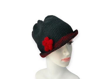 Crochet Flapper Beanie, Black And Red Hat, Women Alpaca Winter Beanie, Red Flower Girl Hats