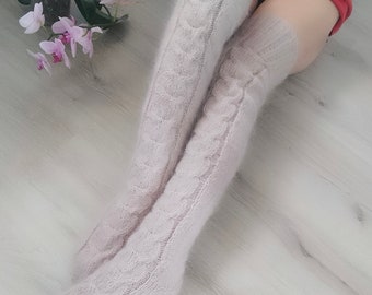 Fuzzy Thigh High Socks, Beige Knitted Long Socks, Sexy Stockings, Plus Size Wool Knee Unisex Socks