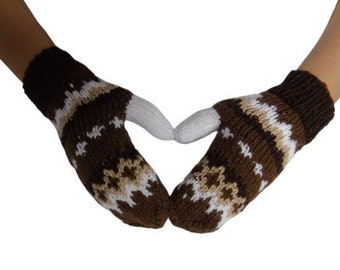 Knit Unisex Warm Gloves, Men Wool Gloves, Brown Fingerless gloves, Woman Hand Warmers